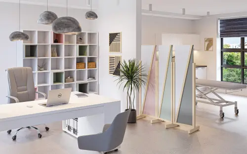 ATMOSFERE LINE 216, dřevěný 3-dílný paraván, mobilní, výška 1600 mm, rám šedá, výplň pastelově růžová